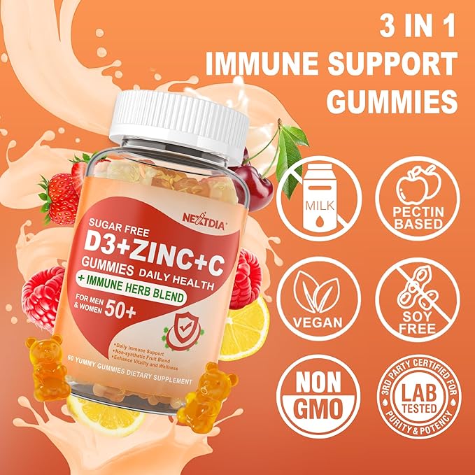 Sugar Free Vitamin C + D3 + Zinc Gummies for Adults 50 +, 9 in 1 Immune Defense Supplement with D3 5000IU, Elderberry, Echinacea, Mullein Leaf for Boost Immunity, Power Antioxidant, Vegan (Pack of 1)