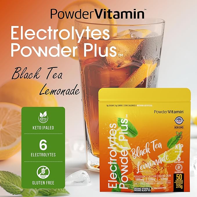 Electrolytes Powder Plus (50 Servings) Black Tea Lemonade Electrolyte Powder Zero Calorie Keto,0 Sugar, No Maltodextrin,1000mg Potassium,120mg Calcium,120mg Magnesium, Hydration Powder