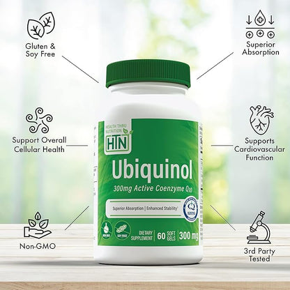 Health Thru Nutrition Ubiquinol 300mg 60 Softgels as Kaneka QH Reduced CoQ-10 | Stabilized - 3rd Party Tested | Enhanced Bioavailability | Cardiovascular & Mitochondria Function Support | Non-GMO