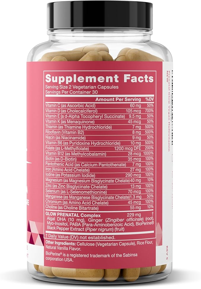 Glow Prenatal Vitamins for Women – 20-in-1 Vital Nutrients for Healthy Pregnancy and Fetal Development – Folic Acid & Vegan DHA For Baby's Growth & A Comfortable Pregnancy – 60 Nourishing Capsules