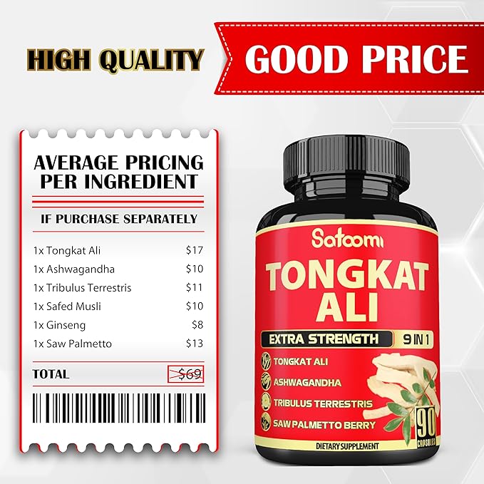 Satoomi Tongkat Ali Root Extract 200 for Men with 9 Herbs Ashwagandha, Tribulus Terrestris & More - Strength, Mind, and Immune Support - 90 Capsules - 3 Month Supply