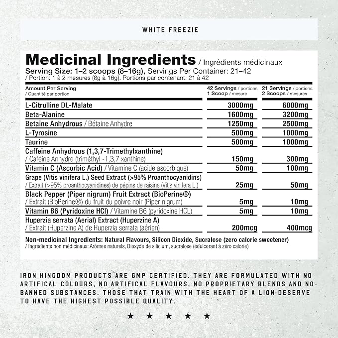 Iron Kingdom Pre Workout Powder for Men & Women Caffeine, Beta Alanine & Aminos for Intense Focus Endurance & Pump - Preworkout Energy Drink Powder Natural White Freezie - 42 Servings