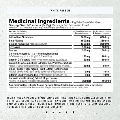 Iron Kingdom Pre Workout Powder for Men & Women Caffeine, Beta Alanine & Aminos for Intense Focus Endurance & Pump - Preworkout Energy Drink Powder Natural White Freezie - 42 Servings