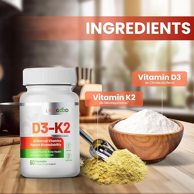 LIVEGOOD™ Vitamin D3 + K2 All Natural Bone, Muscle & Immune System Support, Vegan & Non-GMO, 60 Capsules