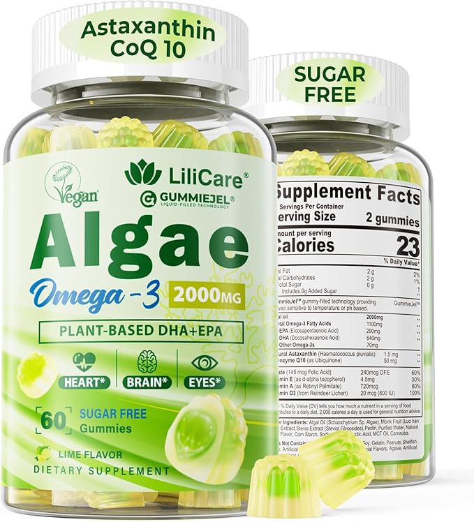 Vegan Omega 3 Supplement Gummies 1100mg, Algae Omega 3 DHA 640mg & EPA 290mg from Marine, with CoQ10, Astaxanthin, Vitamin E, A, D3 for Brain, Eye, Joint, Fish Oil Supplements Alternative, Sugar Free
