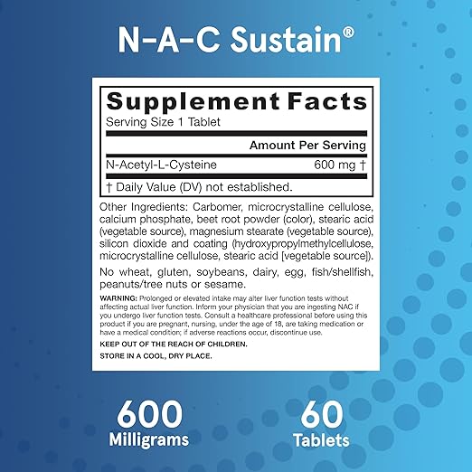 Jarrow Formulas N-A-C Sustain 600 mg, Dietary Supplement, Amino Acid Support for Liver Health and Antioxidants, 60 Tablets, 60 Day Supply