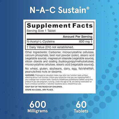Jarrow Formulas N-A-C Sustain 600 mg, Dietary Supplement, Amino Acid Support for Liver Health and Antioxidants, 60 Tablets, 60 Day Supply