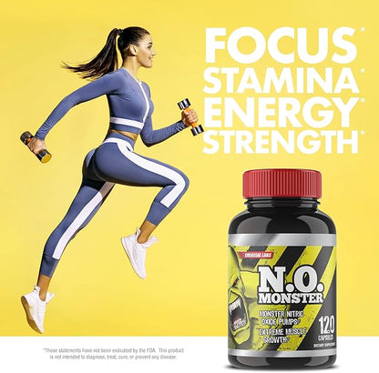 N.O. Monster Nitric Oxide Booster with L-Arginine – Extreme Pumps for Strength, Muscle Growth, Pre-Workout Support – Boost Energy, Stamina & Endurance – 120 Capsules, Made in The USA