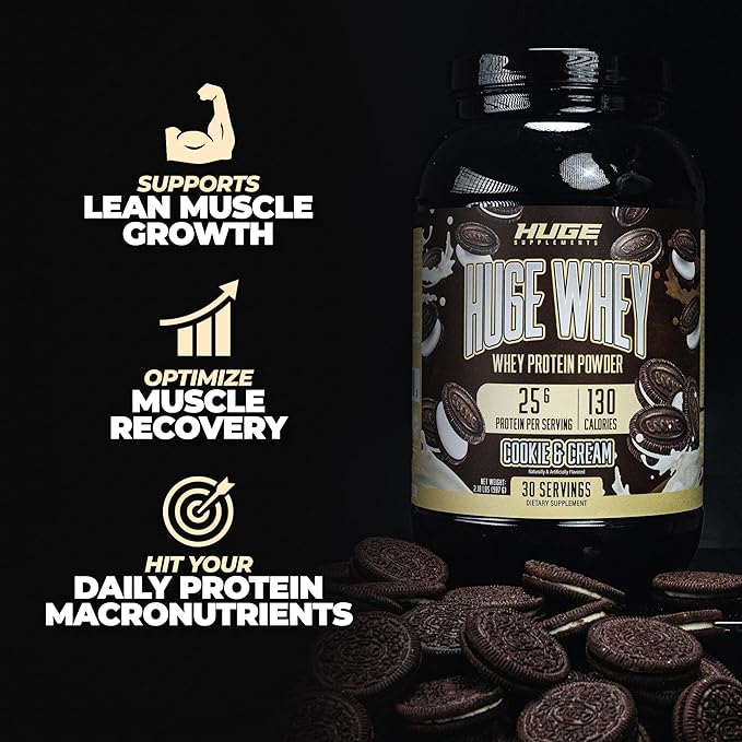 Huge Whey, Protein Powder for Muscle Gain, 25g Protein, 12g EAAs, Supports Muscle Growth, Performance & Recovery (Cookie & Cream, 30 Servings)