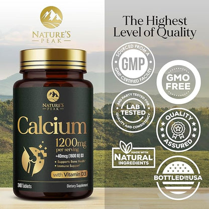 Calcium 1200 mg with Vitamin D3, Calcium Supplement Vitamins, Bone, Teeth & Immune Health Support, Calcium Supplements with D for Women & Men, Nature's Absorbable Calcium Carbonate - 240 Tablets