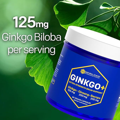 NATURAL STACKS Ginkgo Biloba Supplements w/Panax Ginseng and Bacopa Monnieri - Focus Supplement for Mental Performance, Brain Supplements for Adults, 60 Ginkgo Biloba Capsules