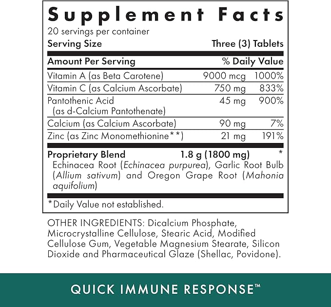Michael's Health Naturopathic Programs Quick Immune Response - 60 Vegetarian Tablets - Immune System Support - with Vitamin A, Vitamin C & Zinc - 20 Servings