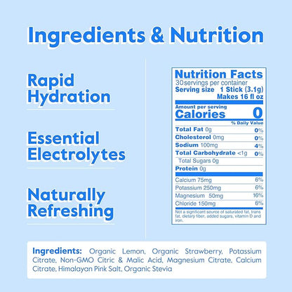 Nectar Hydration Packets - Electrolytes Powder Packets - No Sugar or Calories - Organic Fruit Liquid Daily IV Hydrate Packets for Dehydration Relief & Rehydration (Strawb. Lemon 30 Pack)