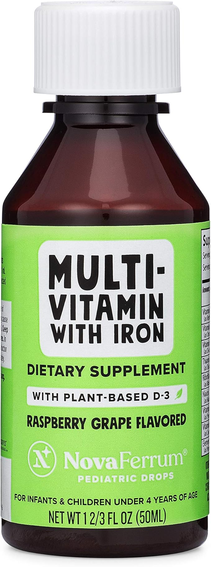 NovaFerrum Delish | Vegan Multivitamin with Iron for Infants, Toddlers & Kids | Immune Support | Organic Plant-Based D-3 | Gluten Free | Vegan Verified | Sugar Free | 1.69 Fl Oz (50 mL)