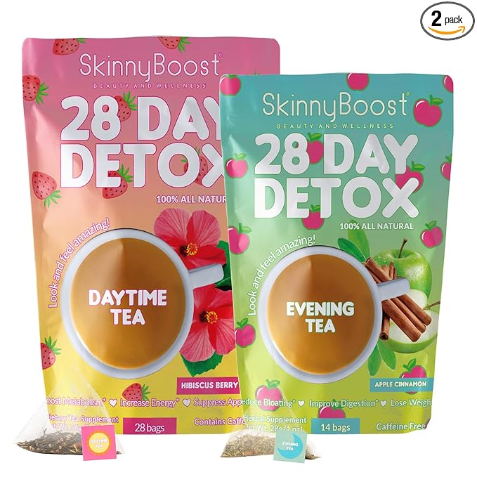 SkinnyBoost 28 Day Detox Tea Kit-1 Daytime Hibiscus (28 Bags) 1 Evening Apple Cinnamon(14 Bags) Non GMO, Vegan, All Natural, Green Tea and Herbal Teas for Natural Detox and Cleanse, Reduce Bloating