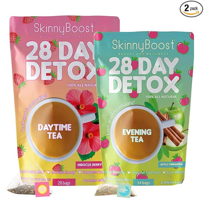 SkinnyBoost 28 Day Detox Tea Kit-1 Daytime Hibiscus (28 Bags) 1 Evening Apple Cinnamon(14 Bags) Non GMO, Vegan, All Natural, Green Tea and Herbal Teas for Natural Detox and Cleanse, Reduce Bloating