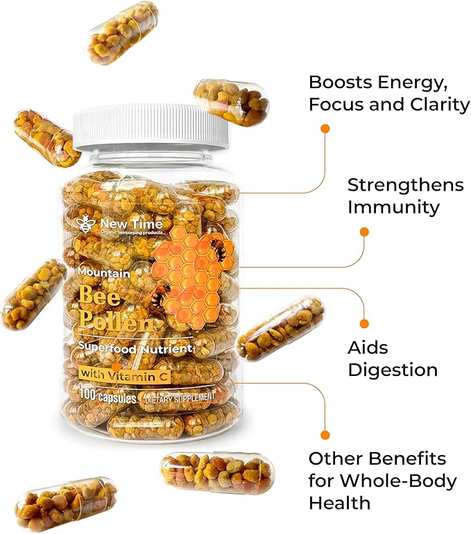 Bee Pollen Vegetarian Capsules with Vitamin C, Natural Organic Supplement, Fermented Pollen Granules, Multivitamin, Immune, Energy Support (100 caps)