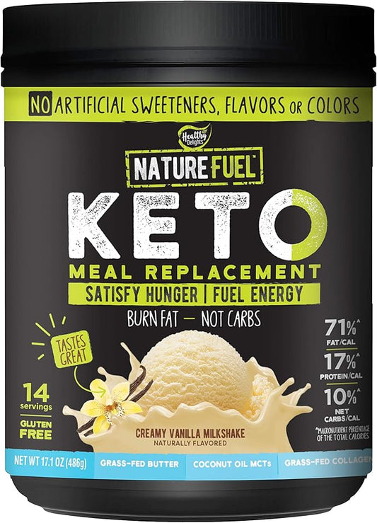 Nature Fuel Keto Meal Replacement Powder - Gluten Free with Coconut Oil MCTs and Grass-Fed Butter - Creamy Vanilla Milkshake - 14 Servings - Pantry Friendly, 17.1 Fl Oz