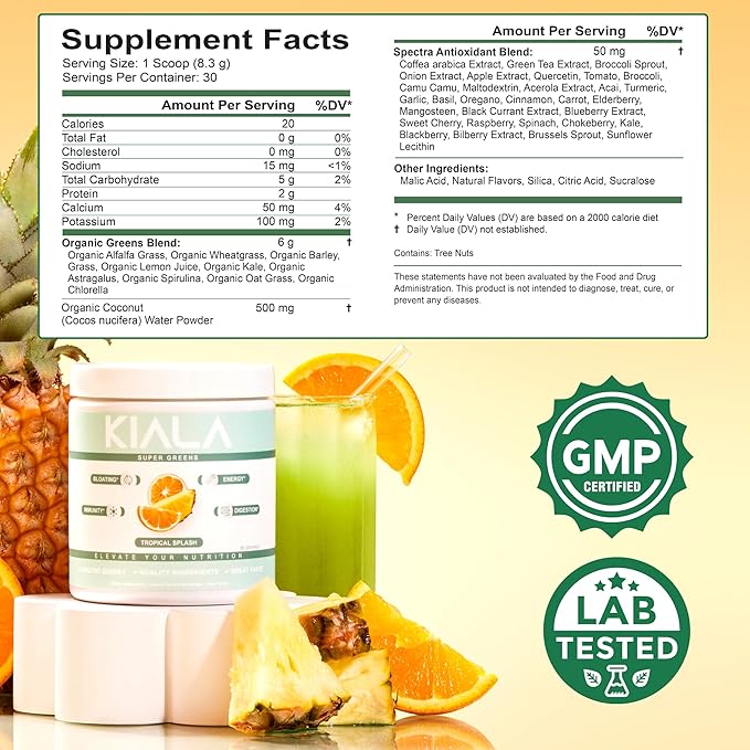Kiala Nutrition Super Greens, Organic Greens Powder with Spirulina & Chlorella for Digestion, Gut Health, Immunity & Energy, Gluten Free, Vegan, Daily Support for Women, Tropical Splash, 30 Servings
