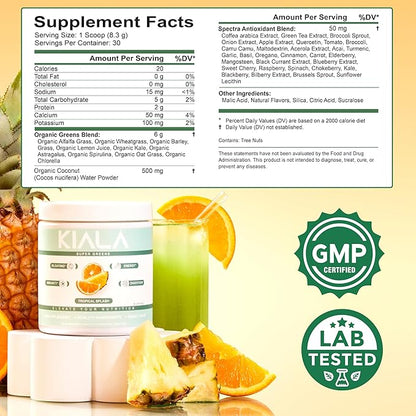 Kiala Nutrition Super Greens, Organic Greens Powder with Spirulina & Chlorella for Digestion, Gut Health, Immunity & Energy, Gluten Free, Vegan, Daily Support for Women, Tropical Splash, 30 Servings