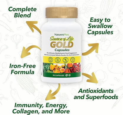 Natures Plus Source of Life Gold Multivitamin - 90 Vegetarian Capsules - with Vitamins D3, B12, K2 & More Than 120 Whole Foods - Blood, Bone & Immune Support - Gluten Free - 30 Servings