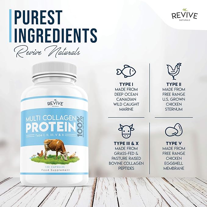 Revive Naturals Multi Collagen Protein Capsules - Types I, II, III, V & X - Hydrolysed Grass Fed Bovine, Wild Caught Marine & Free-Range Chicken, Made with Hyaluronic Acid & Vitamin C, 120 Caps