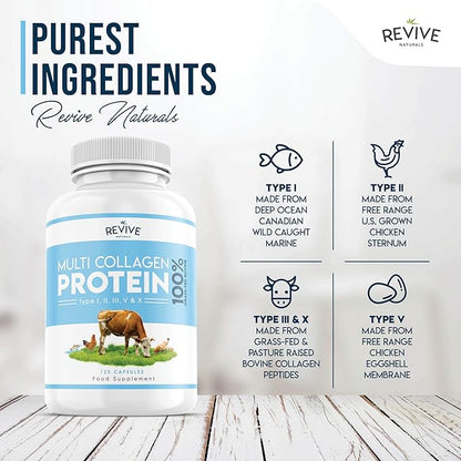 Revive Naturals Multi Collagen Protein Capsules - Types I, II, III, V & X - Hydrolysed Grass Fed Bovine, Wild Caught Marine & Free-Range Chicken, Made with Hyaluronic Acid & Vitamin C, 120 Caps