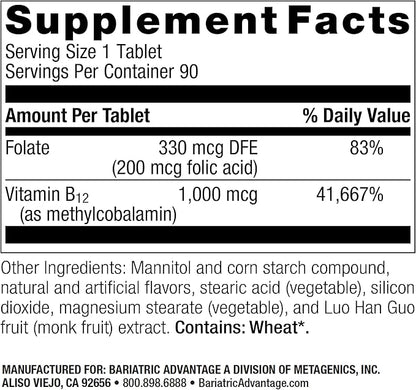 Bariatric Advantage B-12 Speedy Melts, Vitamin B12 1000 mcg Supplement, Fast Melting with 200 mcg of Folic Acid for Nutritional Support - Peppermint, 90 Count