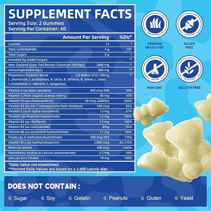 Grass Fed Colostrum Supplement 2000mg, 120 Gummies Sugar Free 40% IgG Bovine Colostrum Gummies + Probiotic, Multivitamin Etc for Immune Support, Gut Support, Hair & Skin