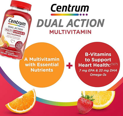 Centrum MultiGummies Multi+ Omega 3 Dual Action, Adult Multivitamin, Multivitamin/Multimineral/Omega 3 Supplement, Strawberry/Lemon/Orange Flavors - 110 Count (Pack of 5)