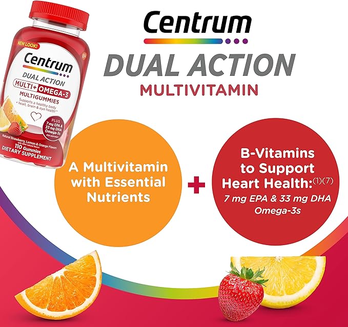 Centrum MultiGummies Multi+ Omega 3 Dual Action, Adult Multivitamin, Multivitamin/Multimineral/Omega 3 Supplement, Strawberry/Lemon/Orange Flavors - 110 Count