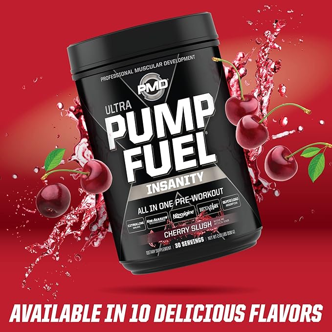 PMD Sports Ultra Pump Fuel Insanity - Pre Workout Drink Mix for Energy, Strength, Endurance, Recovery - Complex Carbohydrates and Amino Energy - Cherry Slush (30 Servings)