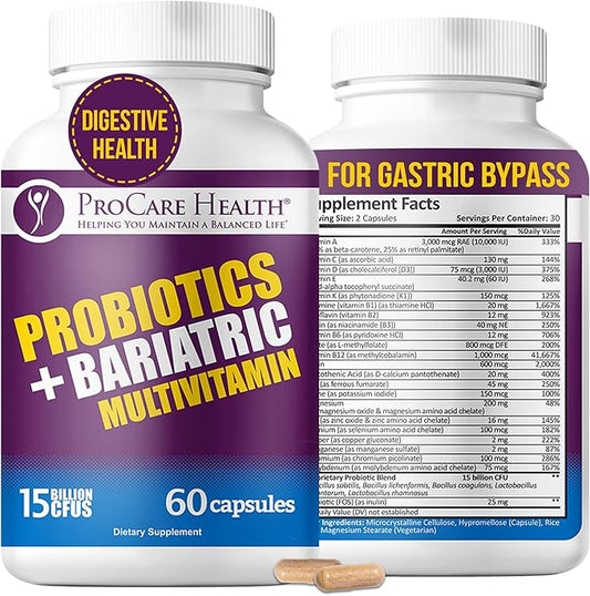 ProCare Health Probiotic Bariatric Multivitamin with Iron 45mg (60 Count) - 15 Billion CFU Bariatric Probiotic Fast Dissolving Veggie Capsules to Support Gut and Immune Health in Bariatric Patients
