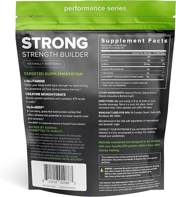 SFH Strong Muscle Builder Creatine Glutamine & Serum Beef Protein for Lean Muscle Growth & Strength | Keto Creatine Workout Supplements for Men & Women | Free of Gluten Sugar Soy GMO (1.19lb Bag)