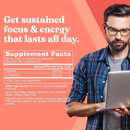 Elite Caffeine Pills with L-Theanine – Jitter-Free Focused Energy Supplements – Clean & Natural Nootropic Stack for Smart Cognitive Performance – 120 Soft Capsules