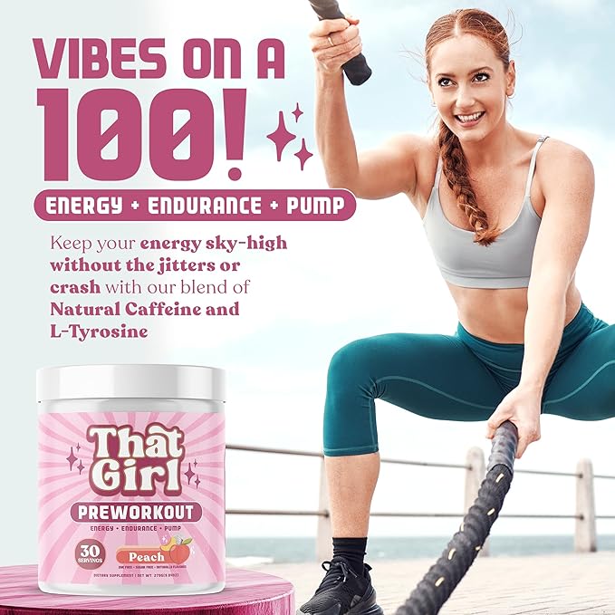 That Girl Pre Workout for Women - Slay Your Gym Sesh with Pure Fire Energy & Mega Pumps - 100% Natural & Clean - Delish Peach Flavor - 30 Servings
