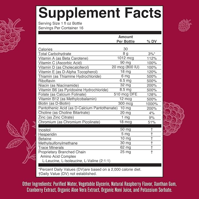 MaryRuth Organics Multivitamin for Women Men & Kids No Added Sugar | Morning Raspberry | Liquid Vitamins for Adults & Kids | Mens | Womens Multivitamin | Energy & Beauty Booster | 16-1 Fl Oz Bottles