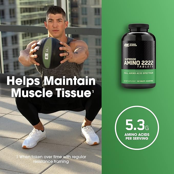 Optimum Nutrition Superior Amino 2222 Tablets, Complete Essential Amino Acids, EAAs, 160 Count