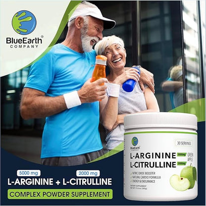 L-Arginine 5000mg + L-Citrulline 2000mg Complex Powder Supplement Drink Mix - Nitric Oxide Booster for Heart Health, Blood Flow & Energy - 30 Servings (Green Apple)
