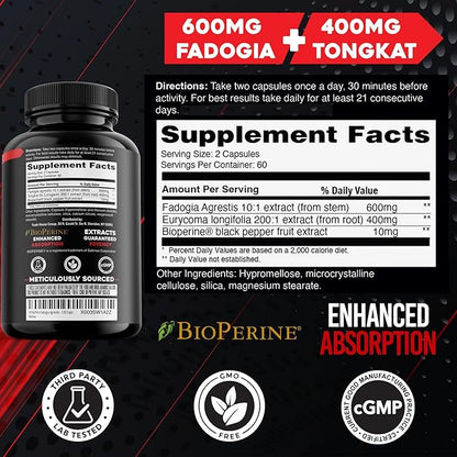 600mg Fadogia Agrestis Extract, 400mg Tongkat Ali Supplement & Bioperine - Maximum Strength Blend for Athletic Performance & Muscle Mass - Fadogia Agrestis & Tongkat Ali for Men - 120 V-Caps
