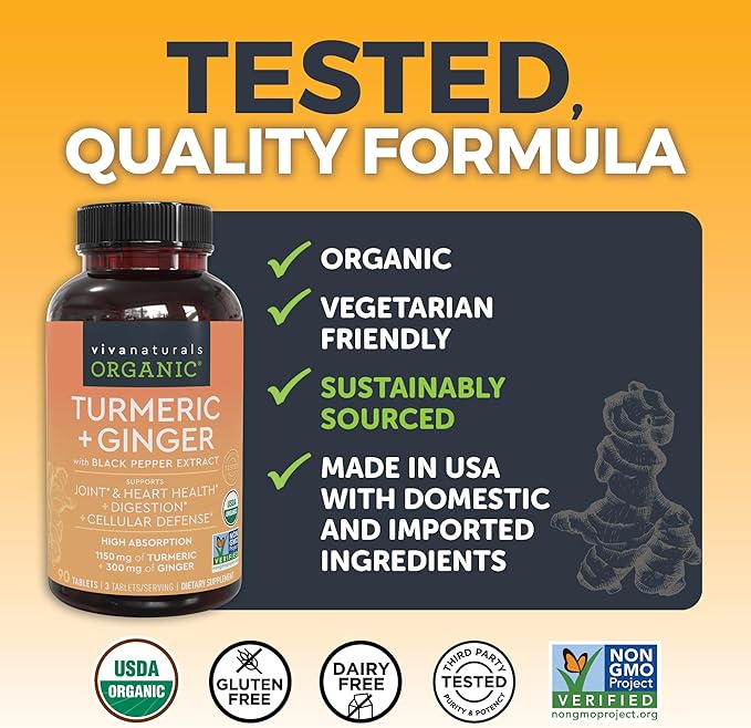 Organic Turmeric Ginger Supplements for Joint Support and Heart Health -1450 mg per Serving Tumeric and Ginger Pills with 150 of Turmeric Standardized to 95% Curcuminoids, 15mg Black Pepper Extract