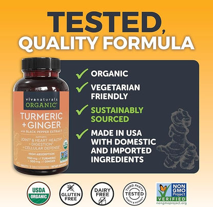 Organic Turmeric Ginger Supplements for Joint Support and Heart Health -1450 mg per Serving Tumeric and Ginger Pills with 150 of Turmeric Standardized to 95% Curcuminoids, 15mg Black Pepper Extract