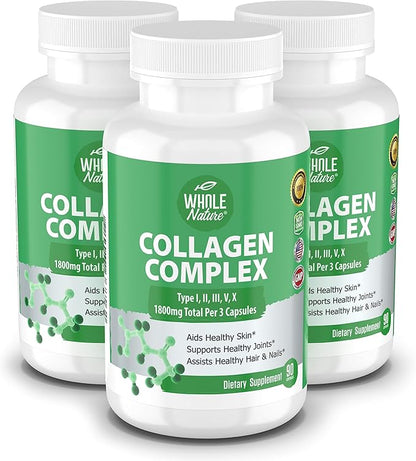 Multi Collagen Protein Peptides Supplement Capsules - 1800mg Collagen Complex Types I, II, III, V, X - Joint Support, Healthy Hair, Skin, Nails, Beauty Vitamins, 100% Natural, Non-GMO 270ct (3)