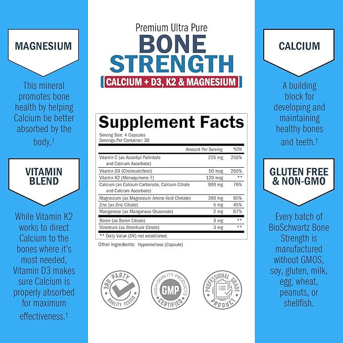 Bone Strength Calcium Supplement - With Calcium, Vitamin D3, K2, C, Magnesium, Zinc - 8 Bone-Building Nutrients, High Absorption, Non-Constipating Formula - 120 Veggie Capsules for Optimal Bone Health