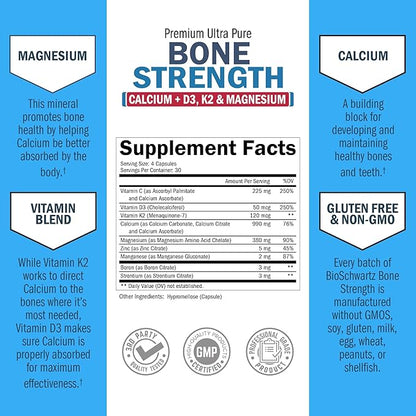Bone Strength Calcium Supplement - With Calcium, Vitamin D3, K2, C, Magnesium, Zinc - 8 Bone-Building Nutrients, High Absorption, Non-Constipating Formula - 120 Veggie Capsules for Optimal Bone Health
