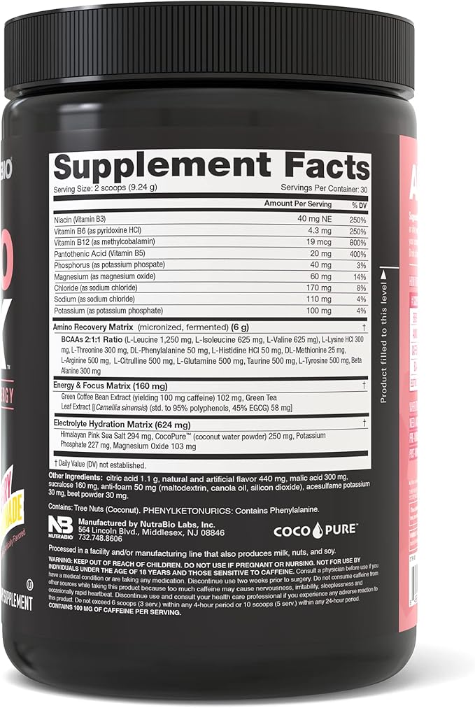 NutraBio Amino Kick - Amino Acid Energy Formula - BCAA's, Electrolytes for Hydration, Natural Caffeine 30 Servings (Raspberry Lemonade)