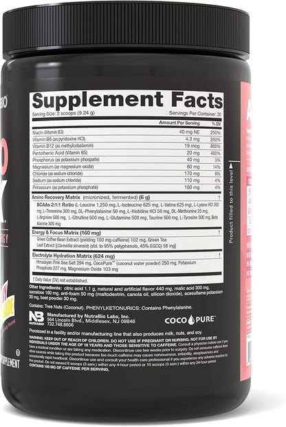 NutraBio Amino Kick - Amino Acid Energy Formula - BCAA's, Electrolytes for Hydration, Natural Caffeine 30 Servings (Raspberry Lemonade)
