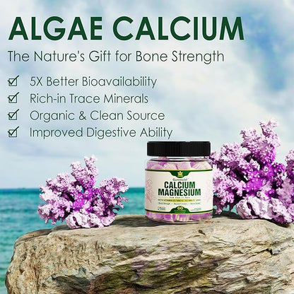 Plant Based Calcium Supplement 600mg with Vitamin D3 K2, Zinc for Bone Strength, Sustainably Sourced Algae Calcium Magnesium 2:1 Ratio, Sugar Free Calcium Gummies 70+ Trace Minerals, Vegan, 60 Counts