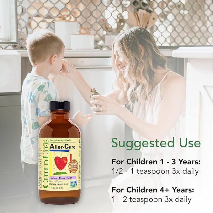 CHILDLIFE ESSENTIALS Aller-Care - Natural Relief for Kids & Toddlers, Seasonal Support with Elderberry, Bromelain, Vitamin C - Immune Boosting Formula, Grape 4 Fl Oz