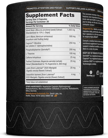 ONNIT Alpha Brain Black Label Capsule (80ct) Premium Citicoline Brain Supplement - Focus, Concentration & Memory - Lion's Mane, Hericium Erinaceus, L Theanine & Mucuna Pruriens
